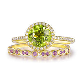 Round Peridot Ring Amethyst Wedding Band Bridal Set 14K Gold - Lord of Gem Rings