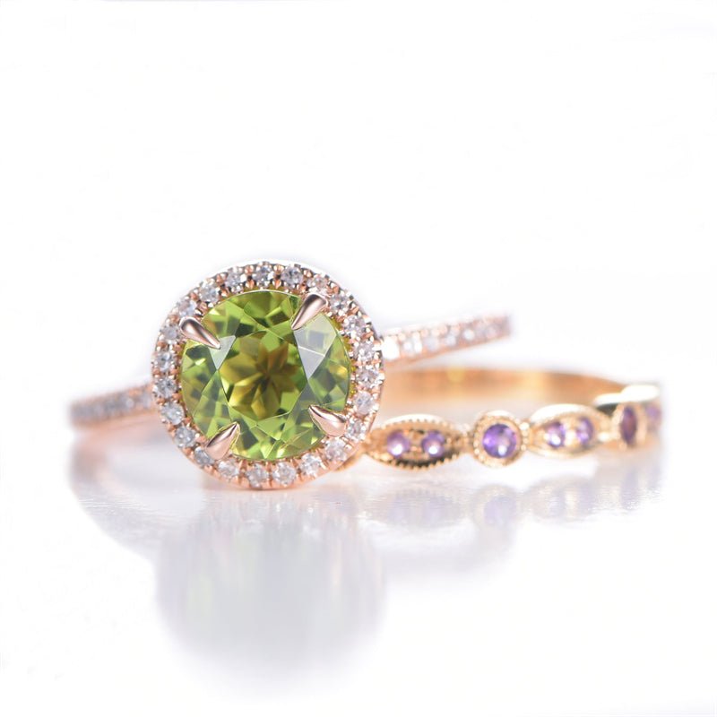Round Peridot Ring Amethyst Wedding Band Bridal Set 14K Gold - Lord of Gem Rings