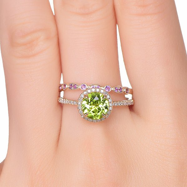Round Peridot Ring Amethyst Wedding Band Bridal Set 14K Gold - Lord of Gem Rings