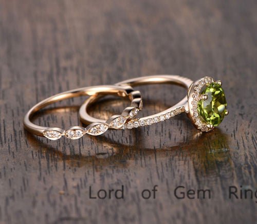 Round Peridot Ring Diamond Marquise Band Bridal Set - Lord of Gem Rings