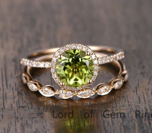 Round Peridot Engagement Ring Sets Art Deco Diamond Band 14K Yellow Gold