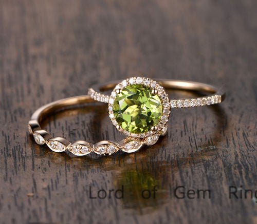 Round Peridot Ring Diamond Marquise Band Bridal Set - Lord of Gem Rings