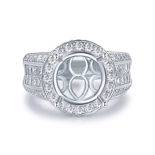 Round Semi Mount Halo Ring with Princess Diamond Accents 18K White Gold