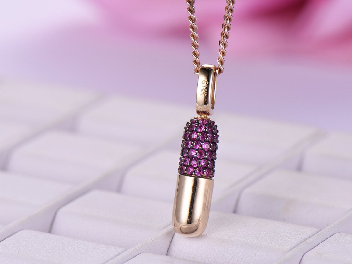 Ruby Pill Pendant 14K Solid Rose Gold - Lord of Gem Rings