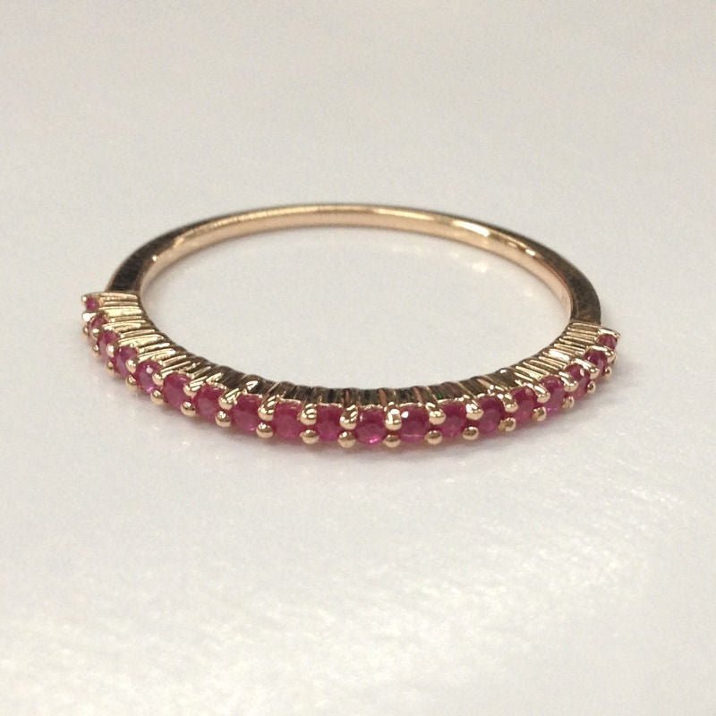 Shared Prong Ruby Half Eternity Band July Birthstone Ring 14K Rose Gold