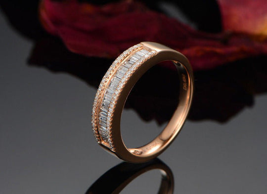 Three Row Baguette Diamond Half Eternity Anniversary Ring 18K Gold, 0.5ct
