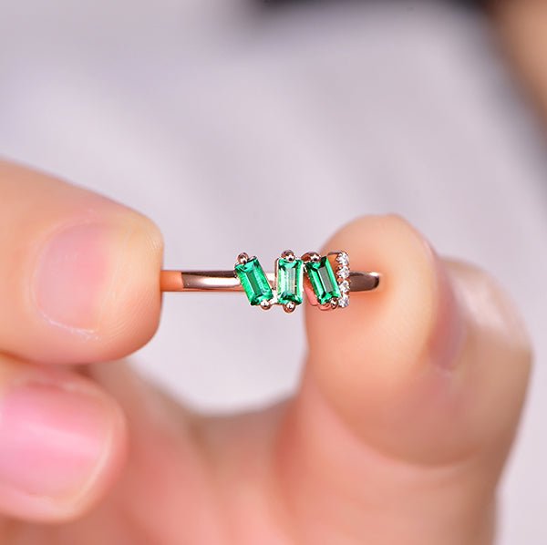 Three-Stone Emerald & Diamond May Birthstone Band Mother's Ring 14K Rose Gold - Lord of Gem Rings