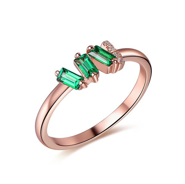Three-Stone Emerald & Diamond May Birthstone Band Mother's Ring 14K Rose Gold - Lord of Gem Rings