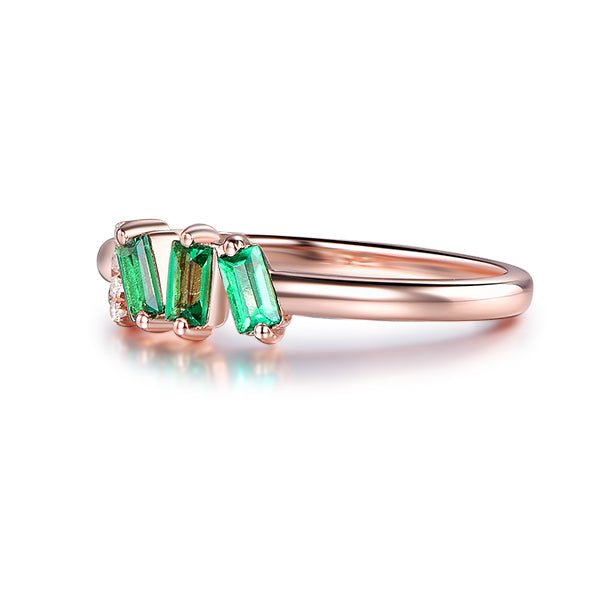 Three-Stone Emerald & Diamond May Birthstone Band Mother's Ring 14K Rose Gold - Lord of Gem Rings