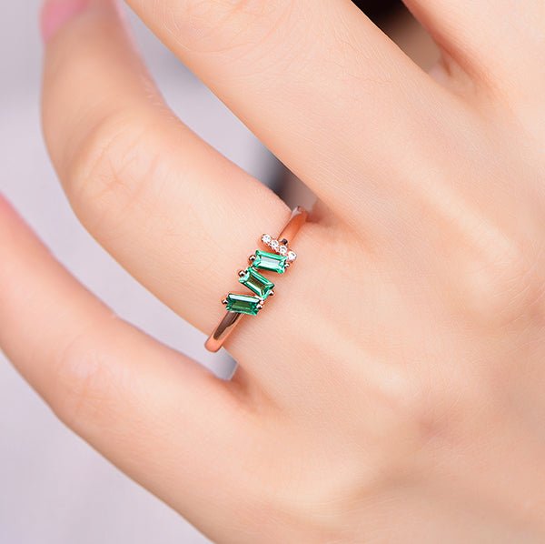 Three-Stone Emerald & Diamond May Birthstone Band Mother's Ring 14K Rose Gold - Lord of Gem Rings