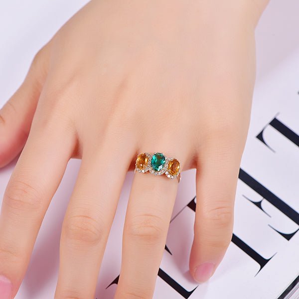 Three Stone Oval Emerald and Citrine with Diamond Accents Ring - Lord of Gem Rings