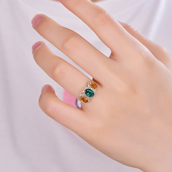 Three Stone Oval Emerald and Citrine with Diamond Accents Ring - Lord of Gem Rings