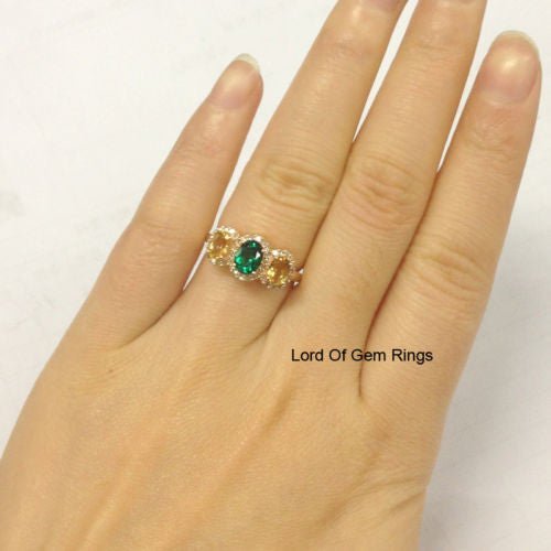 Three Stone Oval Emerald and Citrine with Diamond Accents Ring - Lord of Gem Rings