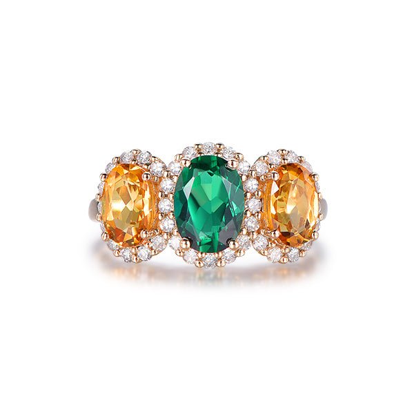 Three Stone Oval Emerald and Citrine with Diamond Accents Ring - Lord of Gem Rings
