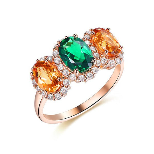 Three Stone Oval Emerald and Citrine with Diamond Accents Ring