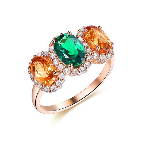 Three Stone Oval Emerald and Citrine with Diamond Accents Ring - Lord of Gem Rings