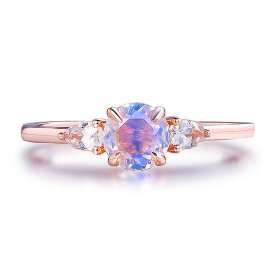Three-Stone Round Moonstone Trillion White Topaz Engagement Ring