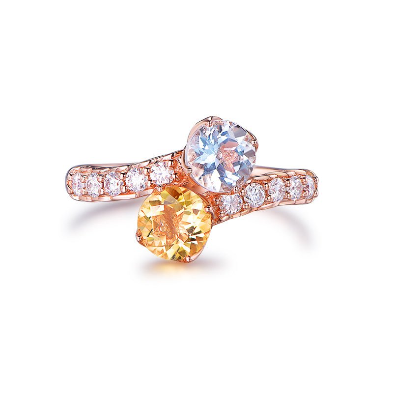 Two stone Mother s Ring Aquamarine Citrine Bypass Ring 14K Rose Gold