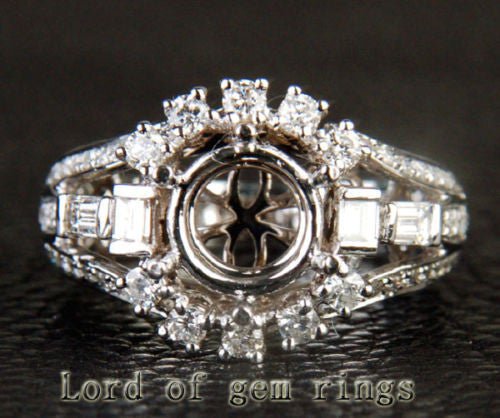 Unique 8mm Round Cut 14K White Gold 1.05CT Diamond Semi Mount Ring Setting 6.34g