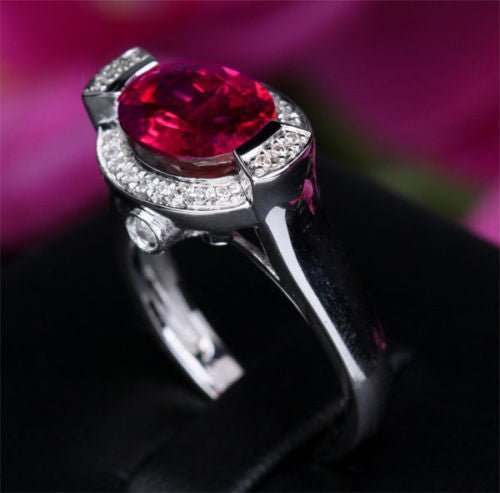 Unique Oval Pink Tourmaline Diamond Engagement Ring 10K White Gold - Lord of Gem Rings