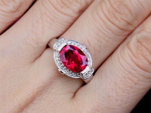 Unique Oval Pink Tourmaline Diamond Engagement Ring 10K White Gold - Lord of Gem Rings