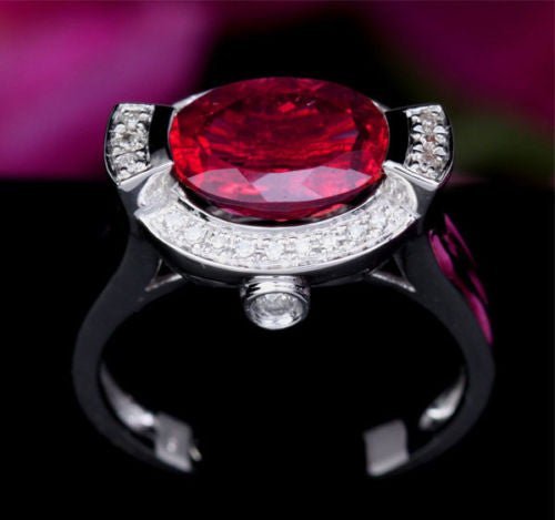 Unique Oval Pink Tourmaline Diamond Engagement Ring 10K White Gold - Lord of Gem Rings