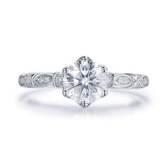 Vintage 1ct Round Moissanite Engagement Ring Art Deco Band 14K White Gold