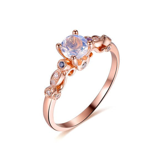 Vintage 5mm Round Moonstone Diamond Alexandrite Ring 14K Gold