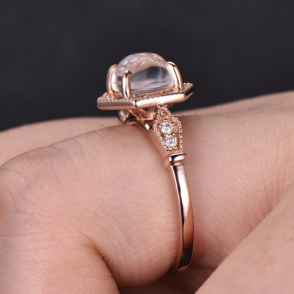 Vintage Cushion Moonstone Diamond Hexgon Halo Milgrain Ring - Lord of Gem Rings