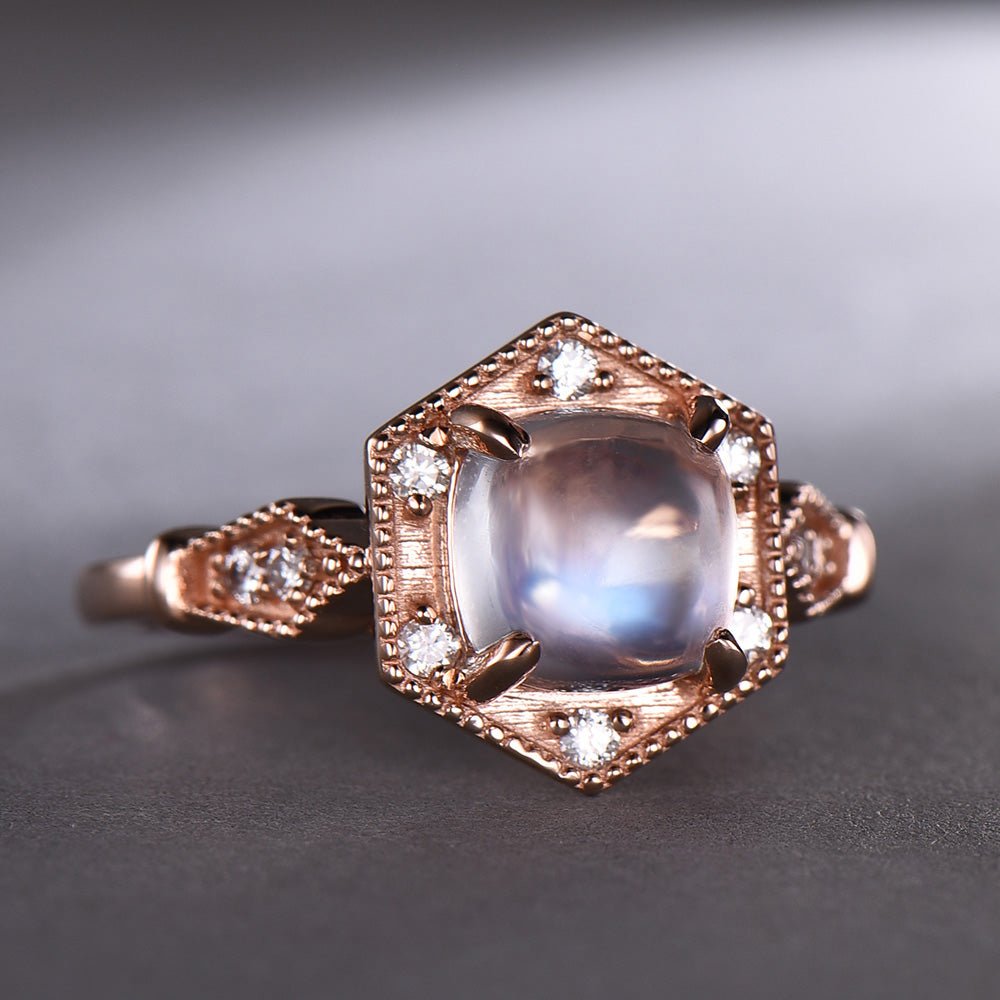 Vintage Cushion Moonstone Diamond Hexgon Halo Milgrain Ring - Lord of Gem Rings