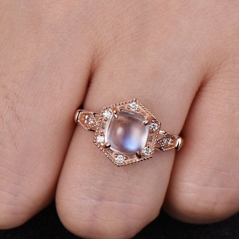 Vintage Cushion Moonstone Diamond Hexgon Halo Milgrain Ring - Lord of Gem Rings