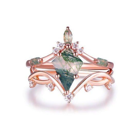 Vintage Elongated Kite Natural Moss Agate Ring Matching Curved Band, 14K Gold/Silver