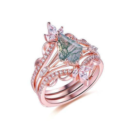 Vintage Elongated Kite Natural Moss Agate Ring Moissanite Leaf Band Bridal Set, 14K Gold/Silver