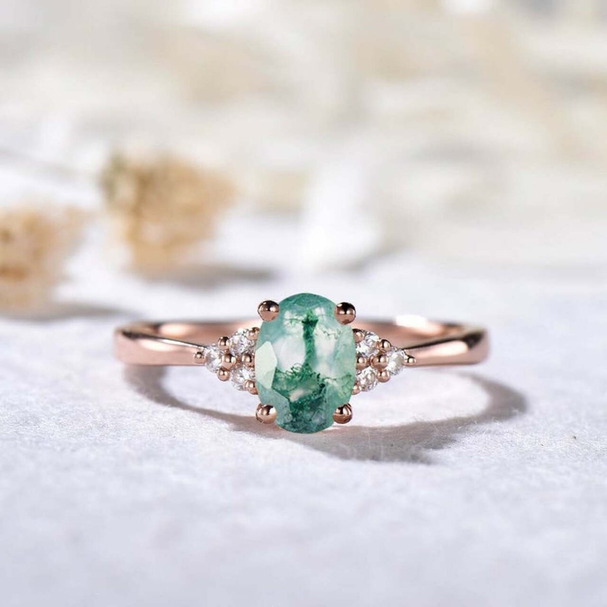 Vintage Oval Natural Moss Agate Trio Accents Engagement Ring - Lord of Gem Rings