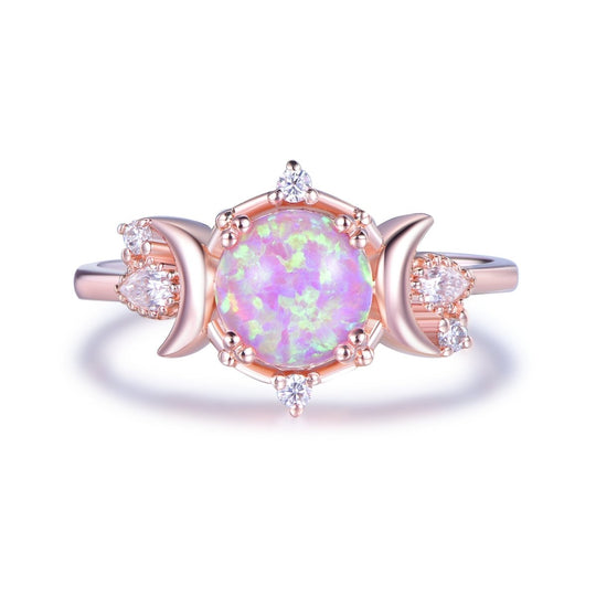 Vintage Round Pink Opal Engagement Crescent Ring 14K Gold