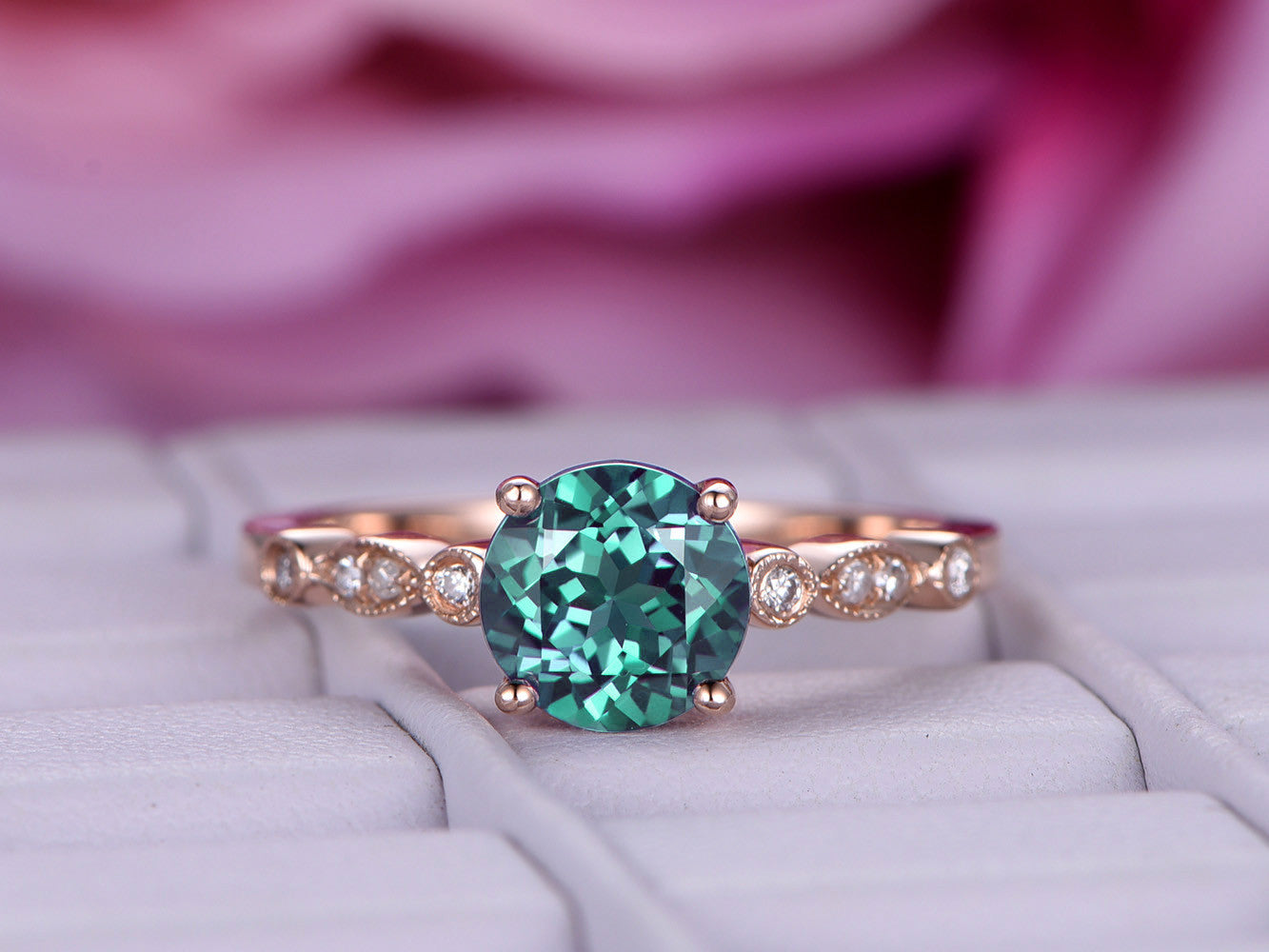 Art Deco Round Alexandrite Diamond Engagement Ring 14K Rose Gold