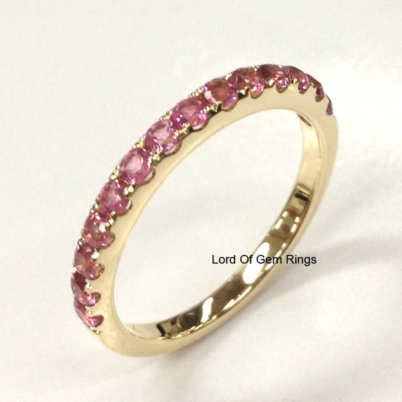 Half Eternity Pave Set Pink Tourmaline October Birthstone Band 14K