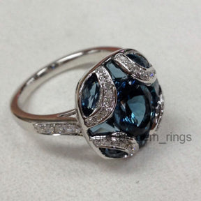Oval London Blue Topaz Engagement Ring Pave Diamond Wedding 14K White Gold 6x8mm  Art Deco - Lord of Gem Rings - 3