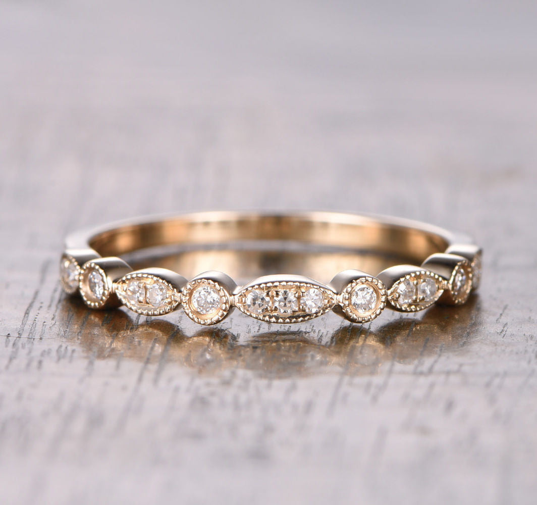 Pave Diamond Wedding Band Half Eternity Anniversary Ring 14K Rose Gold Art Deco Antique - Lord of Gem Rings - 1