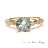 Round Aquamarine Engagement Ring Pave Diamond Weddign 14K Rose Gold 6.5mm, Art Deco Antique - Lord of Gem Rings - 1