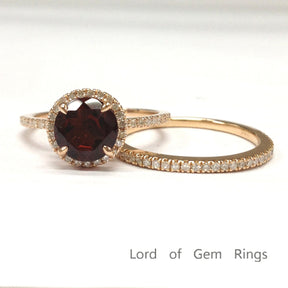 Round Garnet Engagement Ring Sets Pave Diamond Wedding 14K Rose Gold 7mm - Lord of Gem Rings