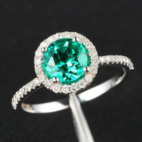 Round Emerald Engagement Ring Pave Diamond Wedding 14K White Gold 6.5mm - THIN DESIGN - Lord of Gem Rings - 1