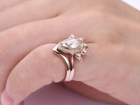 Tiara Diamond Halo Pear Moissanite Ring Plain Chevron Band Bridal Set