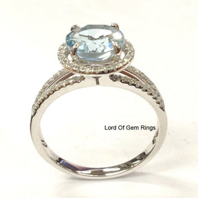 Round Aquamarine Engagement Ring Pave Diamond Wedding 14K White Gold,8mm,Split Shank - Lord of Gem Rings - 2