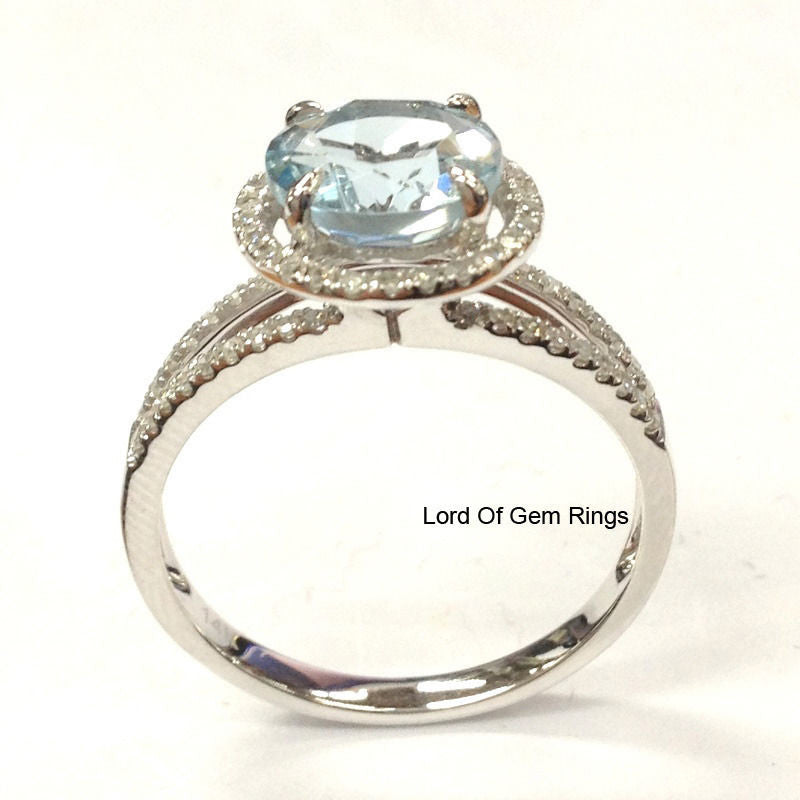 Round Aquamarine Engagement Ring Pave Diamond Wedding 14K White Gold,8mm,Split Shank - Lord of Gem Rings - 2
