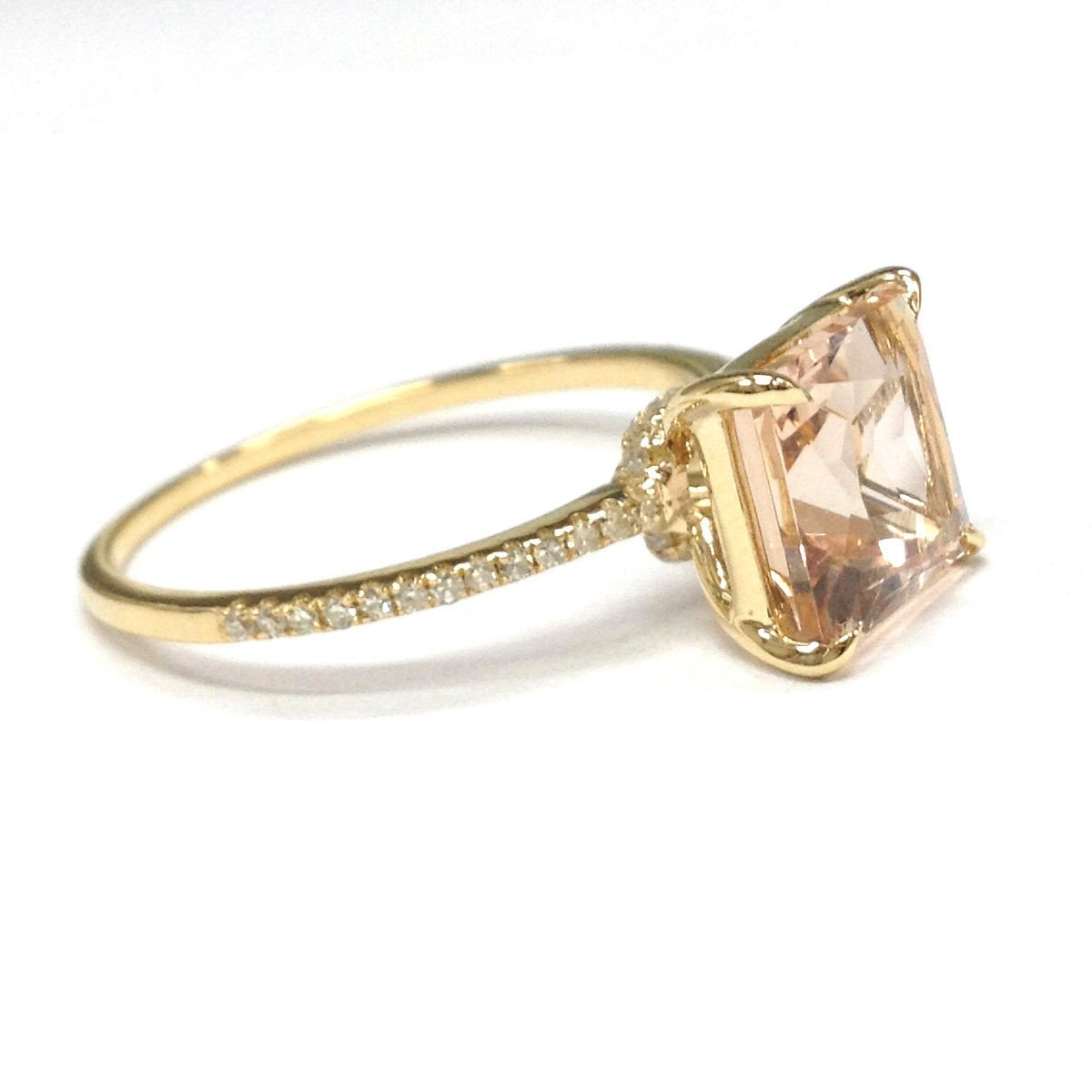 Princess Morganite Ring Diamond Hidden Accents 14K White Gold