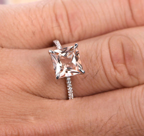 Princess Morganite Engagement Ring Pave Diamond Wedding 14K White Gold 8mm - Lord of Gem Rings - 2