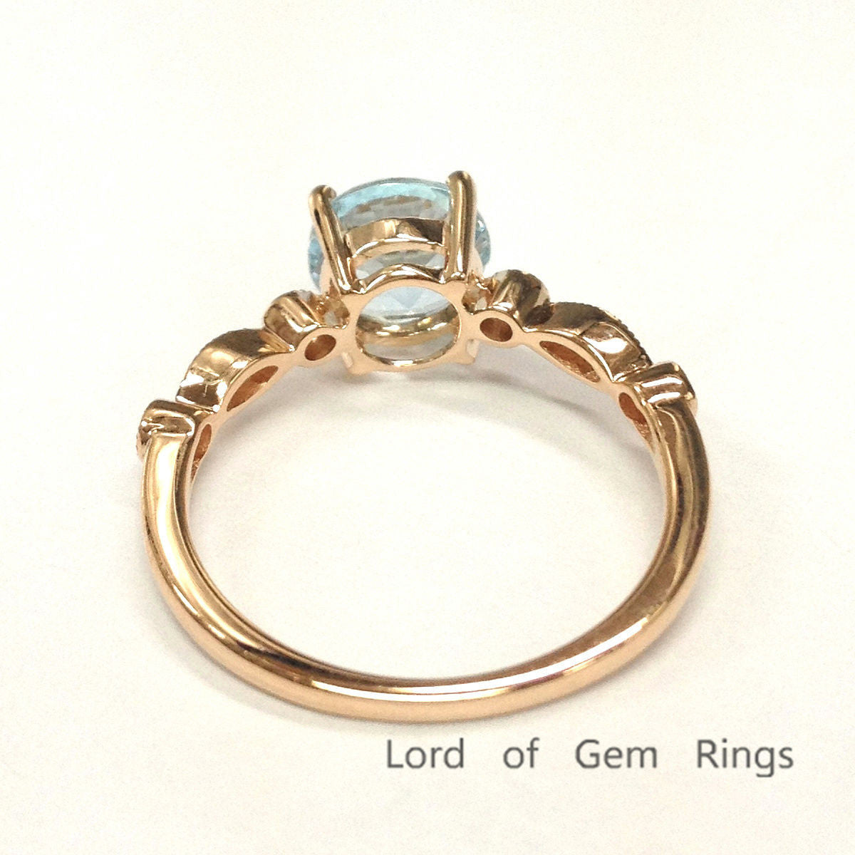 Round Aquamarine Engagement Ring Pave Diamond Weddign 14K Rose Gold 6.5mm, Art Deco Antique - Lord of Gem Rings - 2