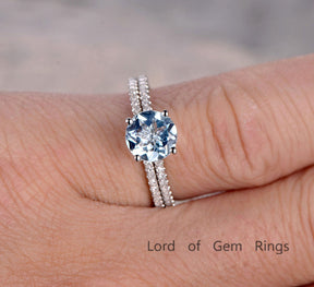 Round Aquamarine Engagement Ring Sets Pave Diamond  Wedding 14K White Gold 7mm - Lord of Gem Rings - 3
