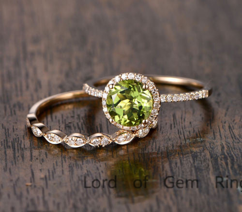 Round Peridot Engagement Ring Sets Pave Diamond Wedding 14K Yellow Gold 7mm - Lord of Gem Rings - 3